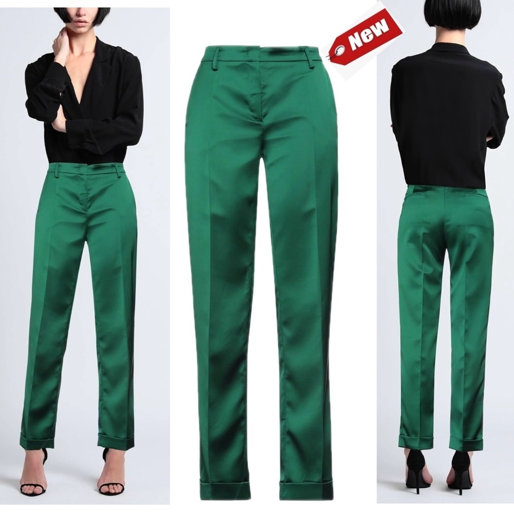 DOUUOD emerald green satin high waisted cuffed hem straight tailored pants NWT
